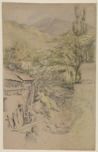 Paisaje montañoso con molino de agua